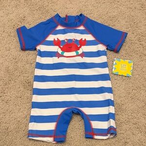 Little Me Blue & White Striped Crab Rash Guard Swim Romper
